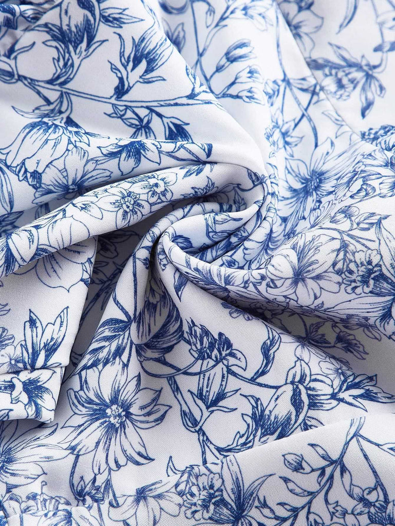 Robe à fleurs en porcelaine à volants et dos nu des années 1970