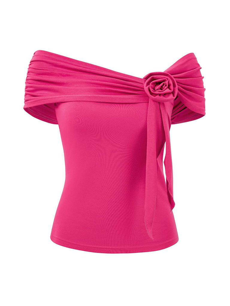 Haut uni à épaules dénudées décoration rose 3D des années 1960