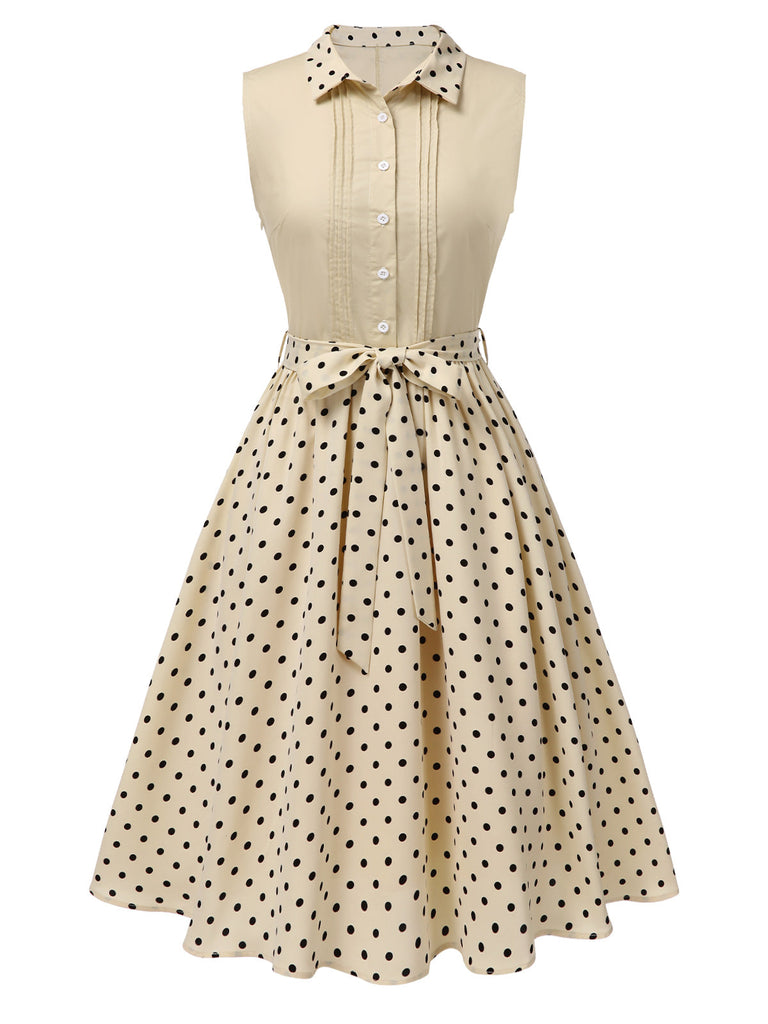 Robe chemise patchwork à pois en coton beige des années 1950