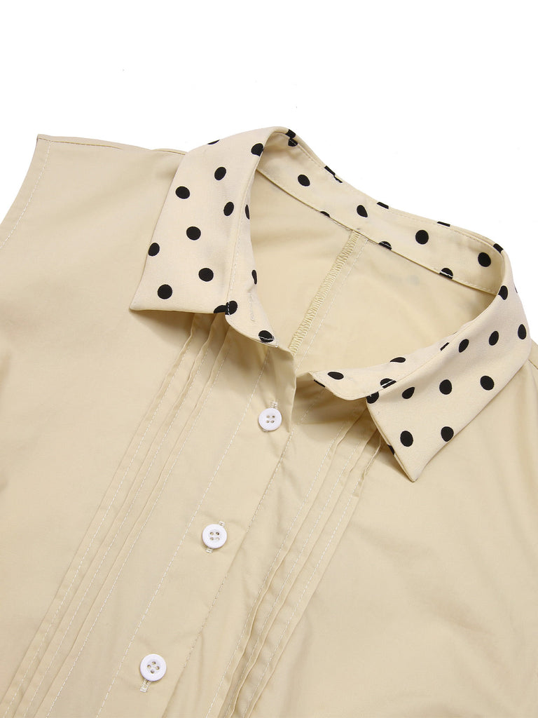 Robe chemise patchwork à pois en coton beige des années 1950