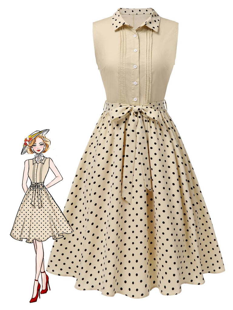Robe chemise patchwork à pois en coton beige des années 1950