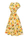 Robe froncée à fleurs d'hortensia jaune des années 1950