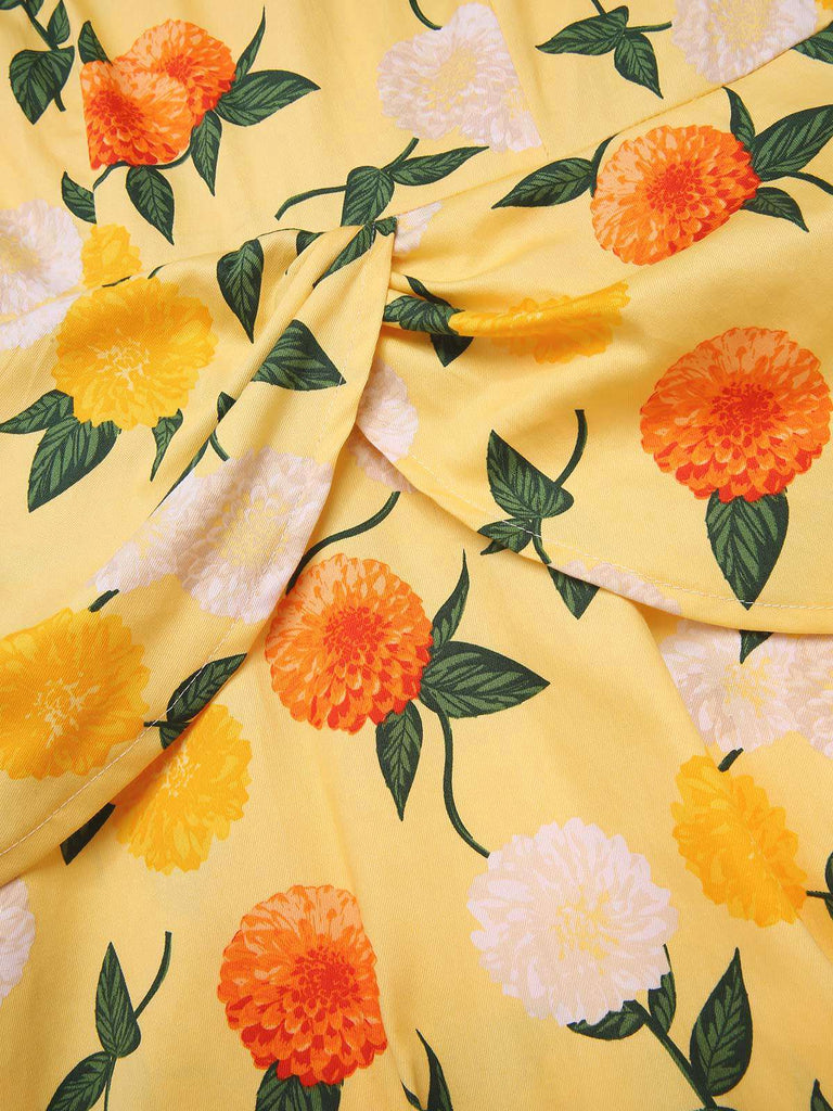 Robe froncée à fleurs d'hortensia jaune des années 1950