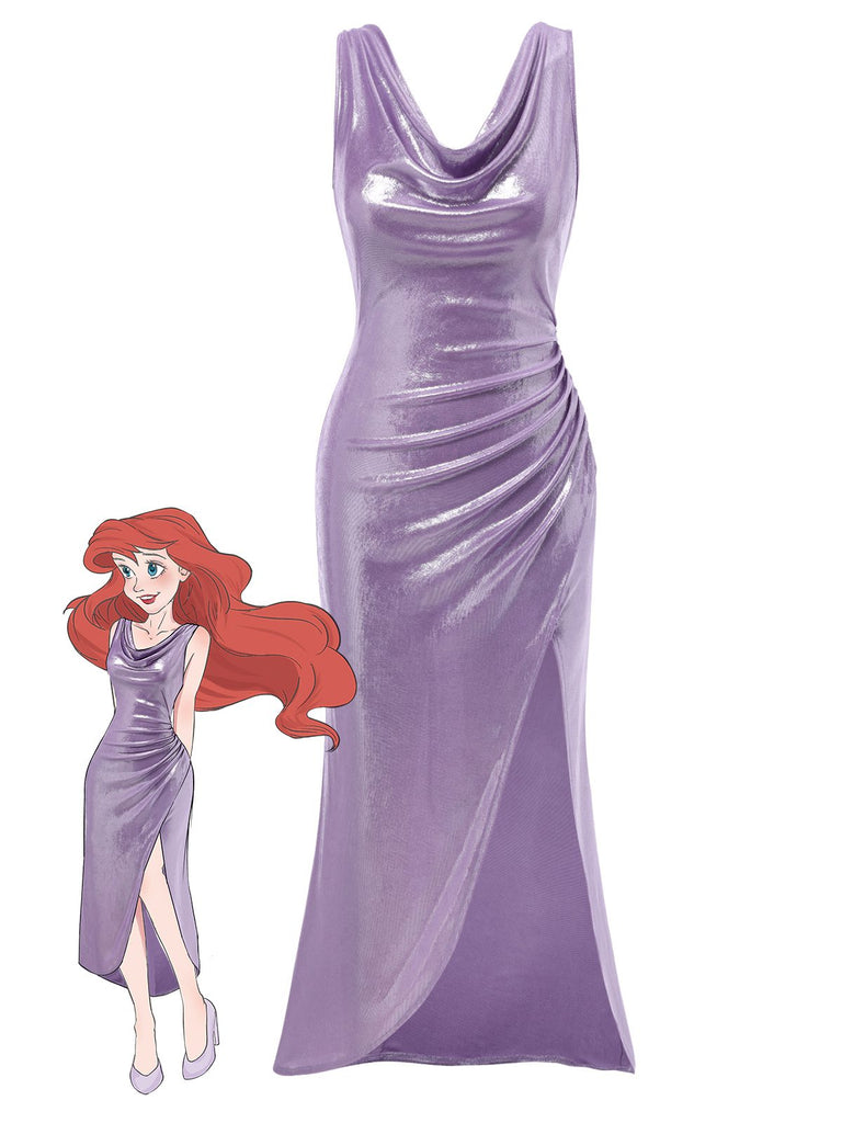 Robe lavande col bénitier avec fente haute luminosité nacrée des années 1960