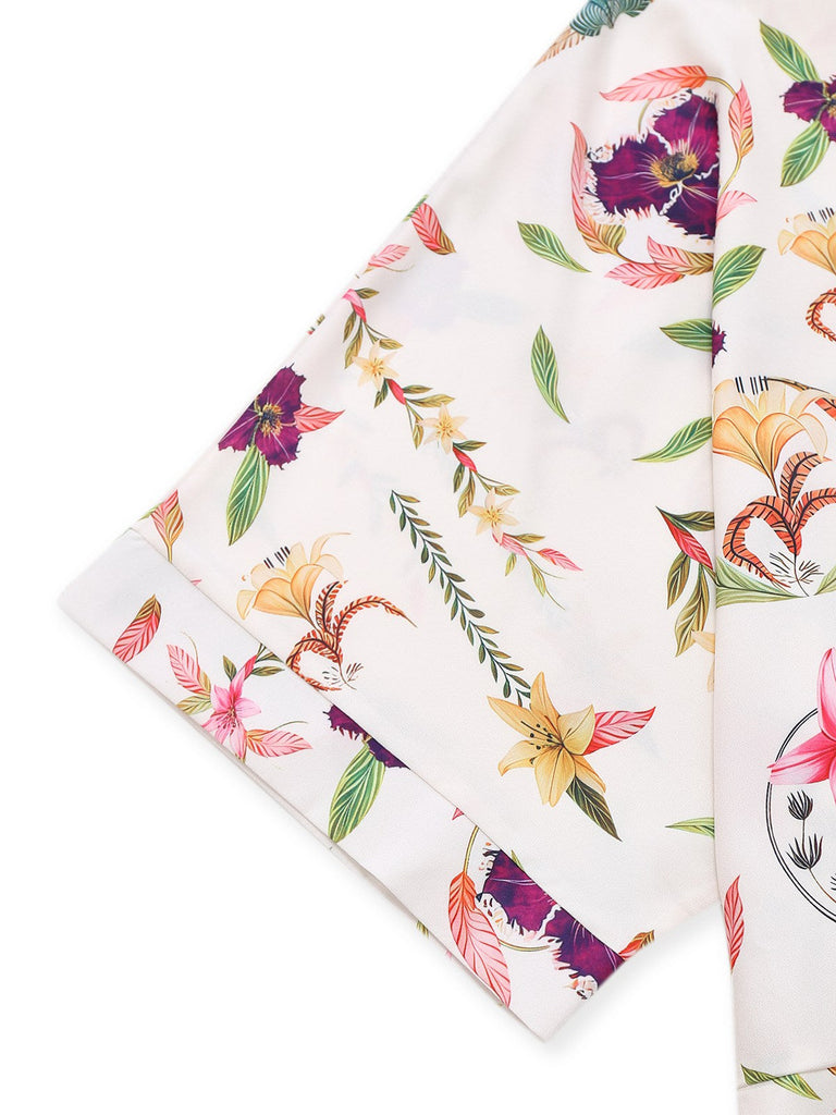 Combinaison fleuris multicolore col revers manches chauve-souris des années 1950