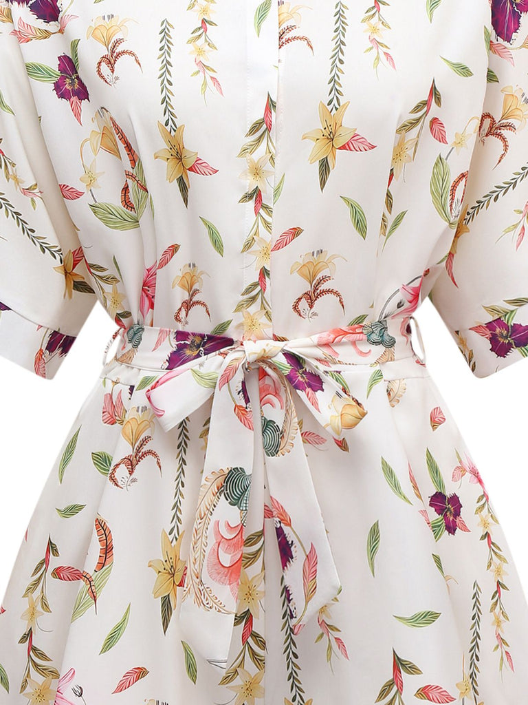 Combinaison fleuris multicolore col revers manches chauve-souris des années 1950