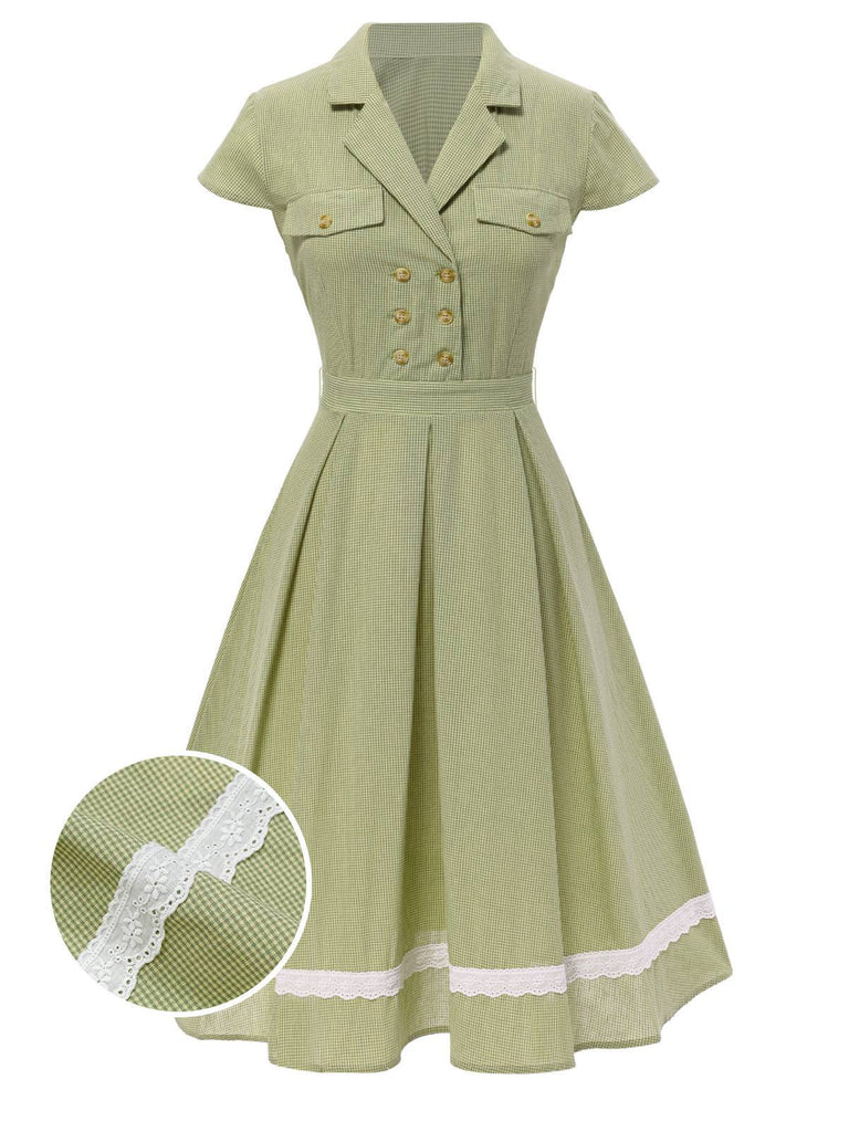 Robe en coton à carreaux vichy et dentelle verte des années 1940