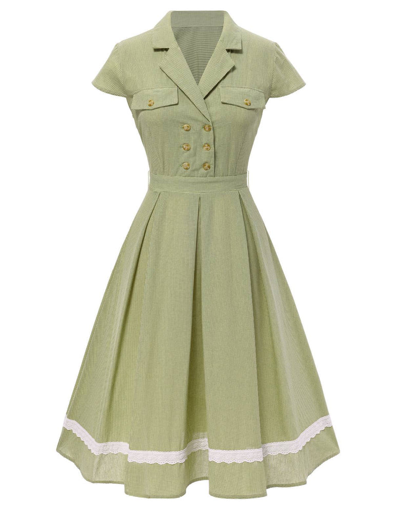 Robe en coton à carreaux vichy et dentelle verte des années 1940
