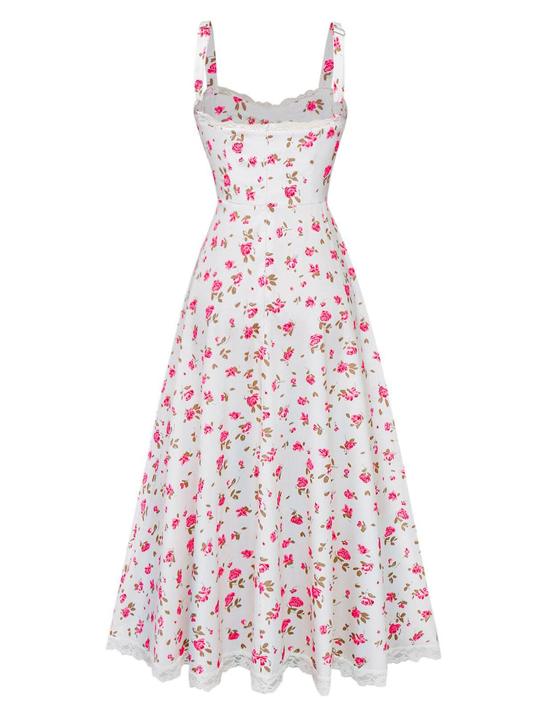 Robe patchwork en dentelle rose à bretelles roses des années 1940