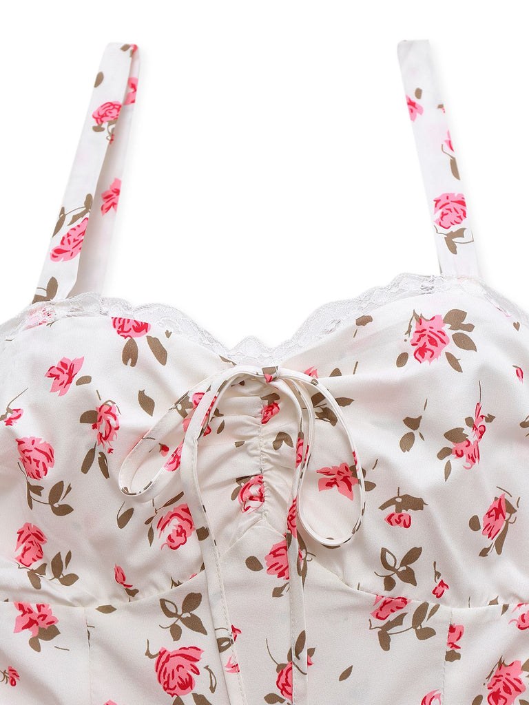 Robe patchwork en dentelle rose à bretelles roses des années 1940