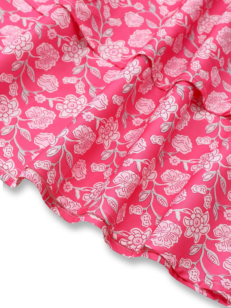 Robe rose pêche licou à fleurs et smocks années 1960