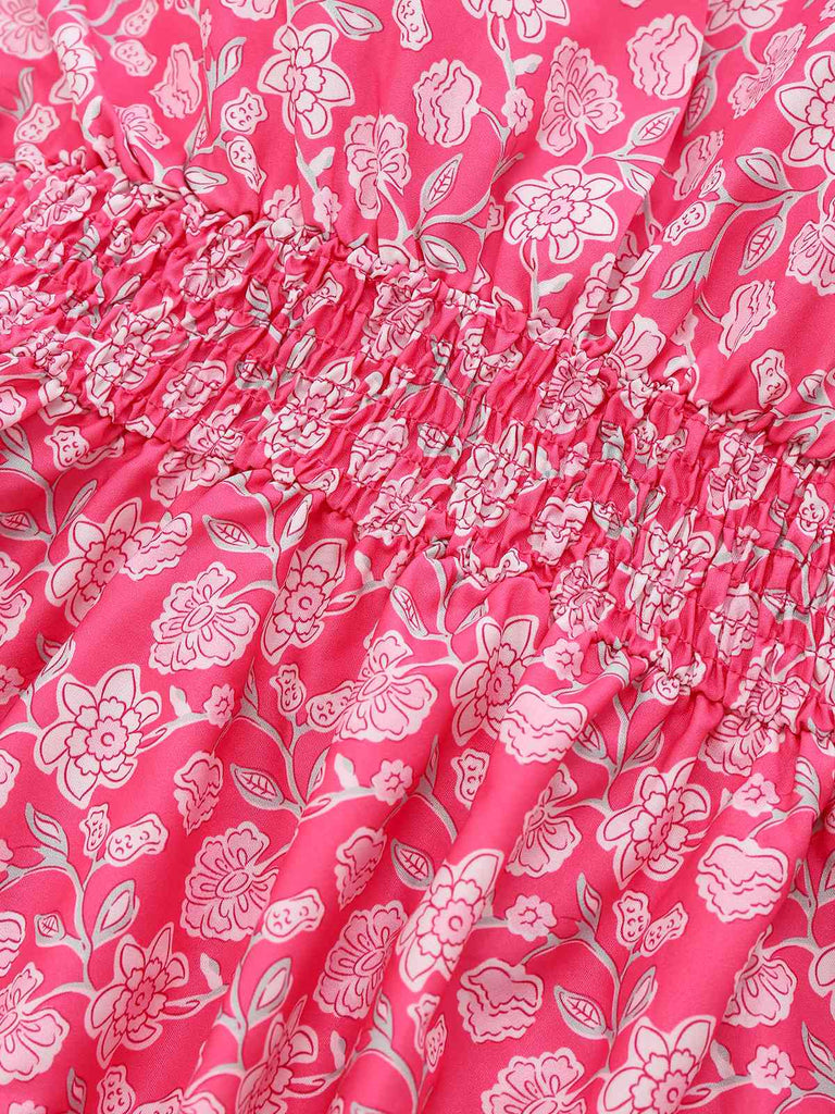 Robe rose pêche licou à fleurs et smocks années 1960