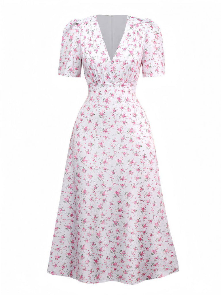 Robe lavande col V manches bouffantes à petites fleurs des années 1940