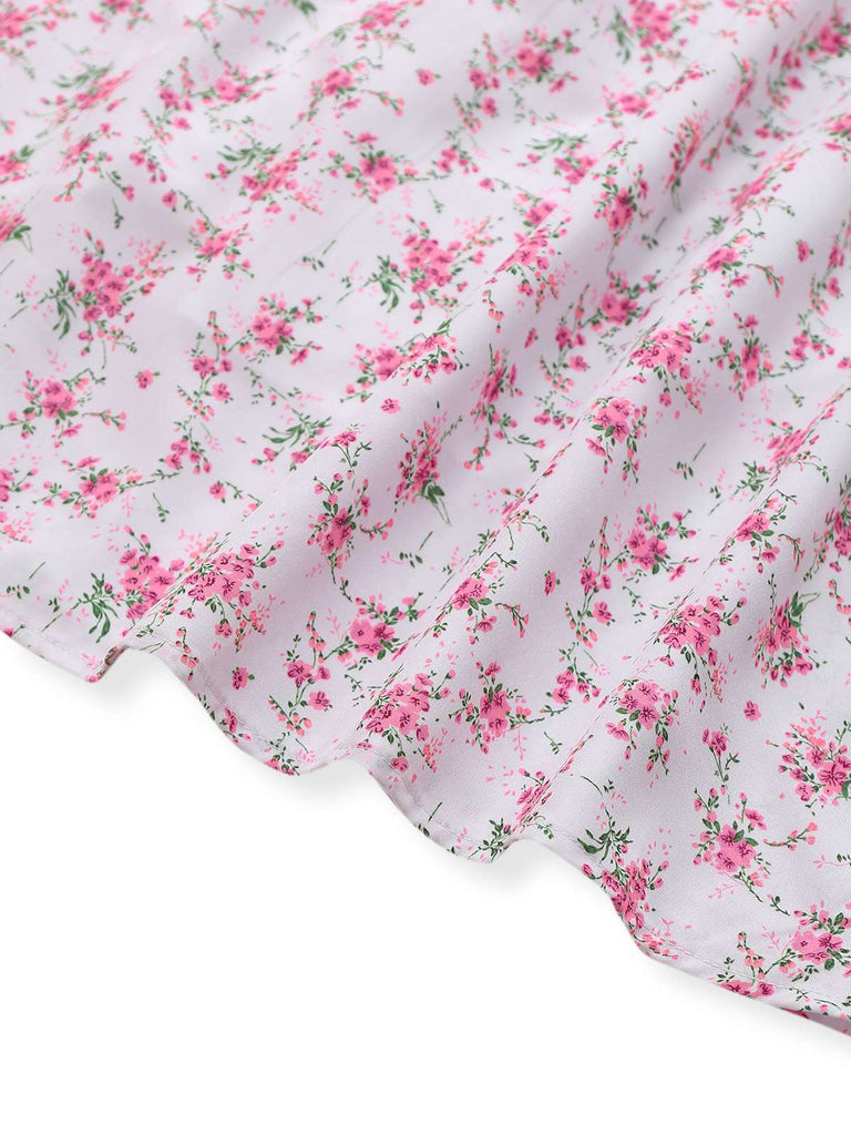 Robe lavande col V manches bouffantes à petites fleurs des années 1940