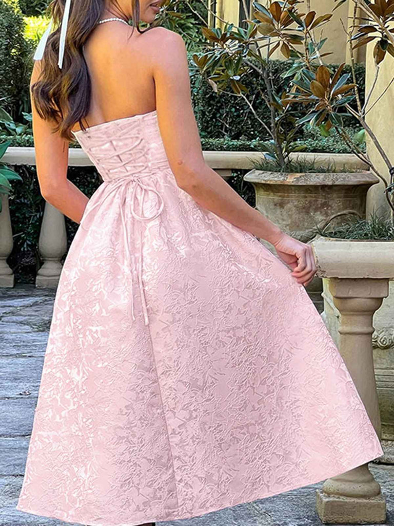 Robe bandeau à lacets en jacquard fleur uni des années 1950