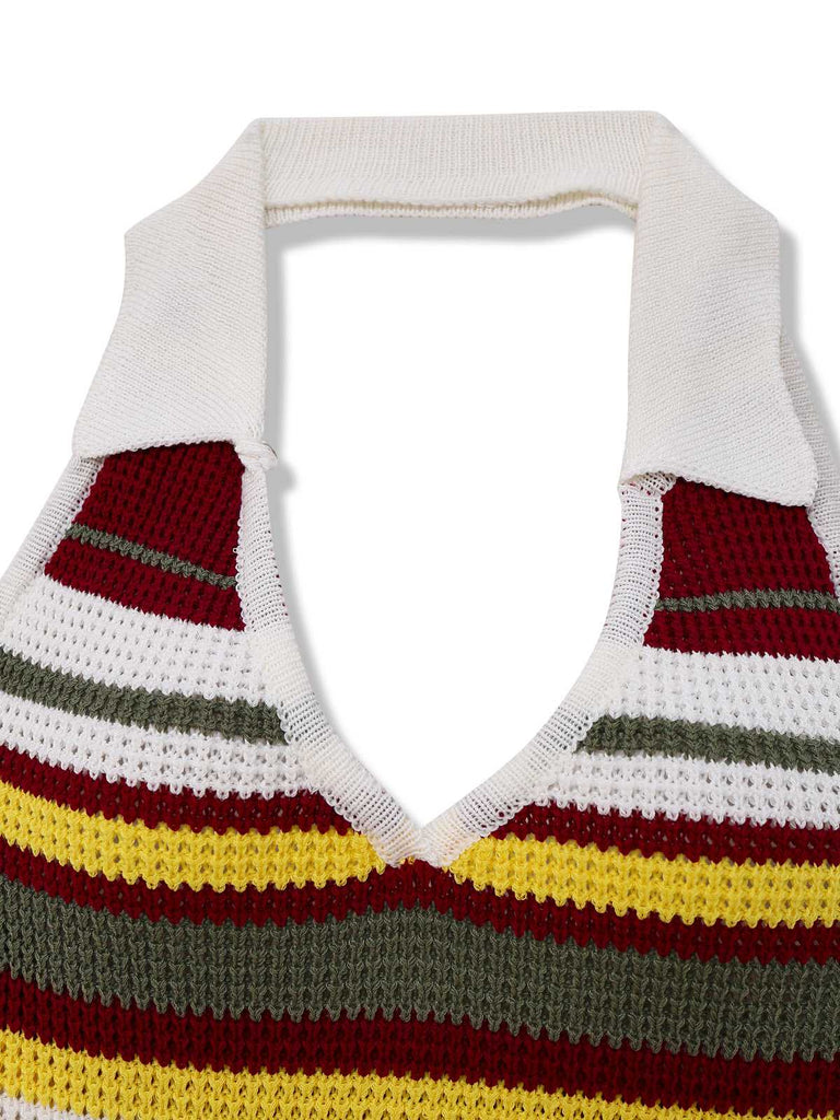 Robe verte en tricot à rayures et col en V années 1960