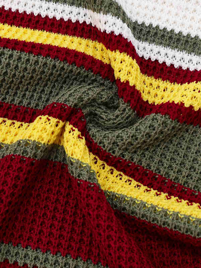 Robe verte en tricot à rayures et col en V années 1960