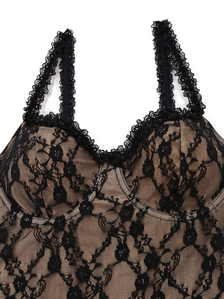 Robe moulante kaki à bretelles en dentelle années 1960