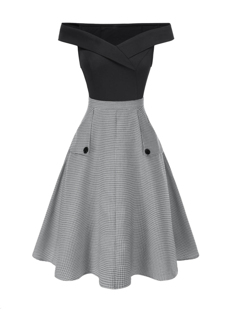 2PCS Haut à épaules dénudées et jupe à carreaux années 1950