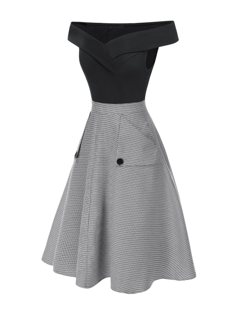 2PCS Haut à épaules dénudées et jupe à carreaux années 1950