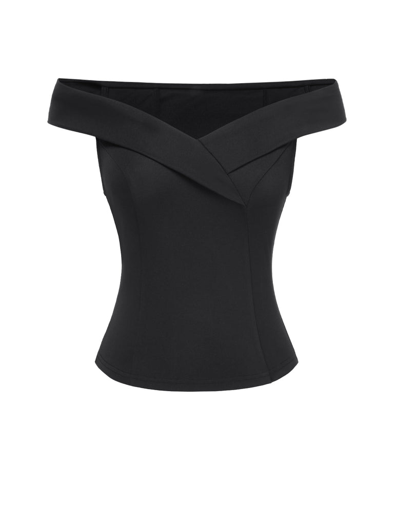 Haut noire uni à épaules dénudées des années 1950