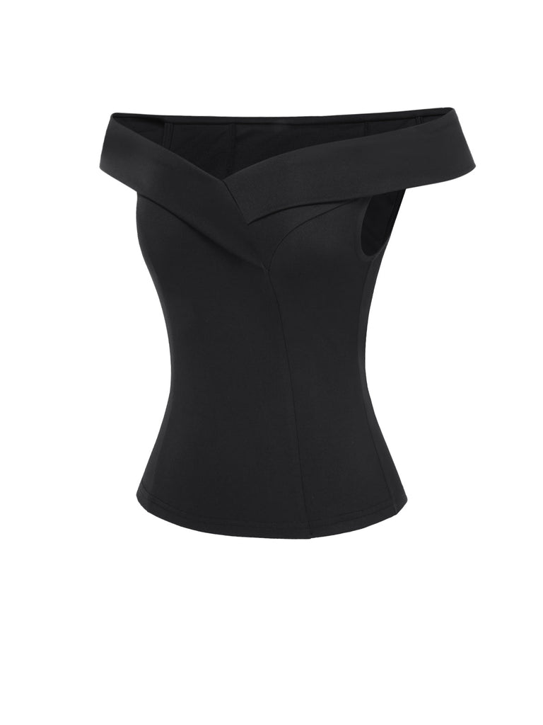 Haut noire uni à épaules dénudées des années 1950