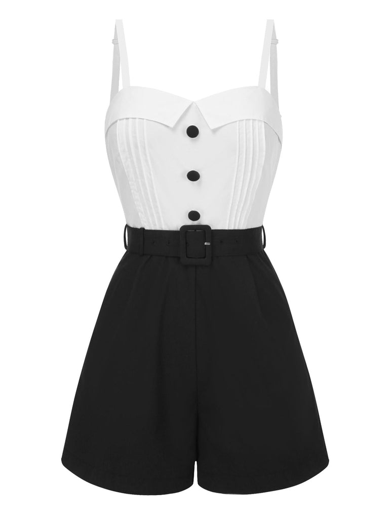 Combishort blanche et noire coton à bretelles années 1950