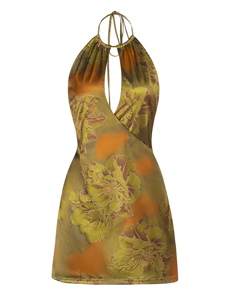 Robe en satin dos nu à fleurs verte des années 1960