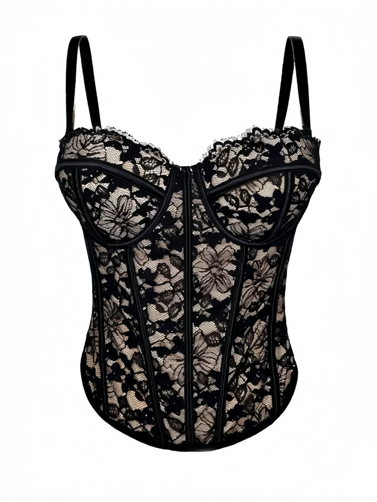 Corset noire fleur à chevrons en dentelle des années 1970