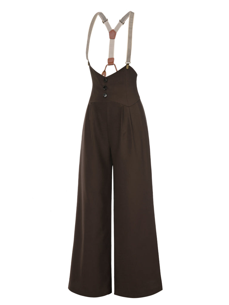 Pantalon à bretelles marron foncé à bretelles boutonné années 1950