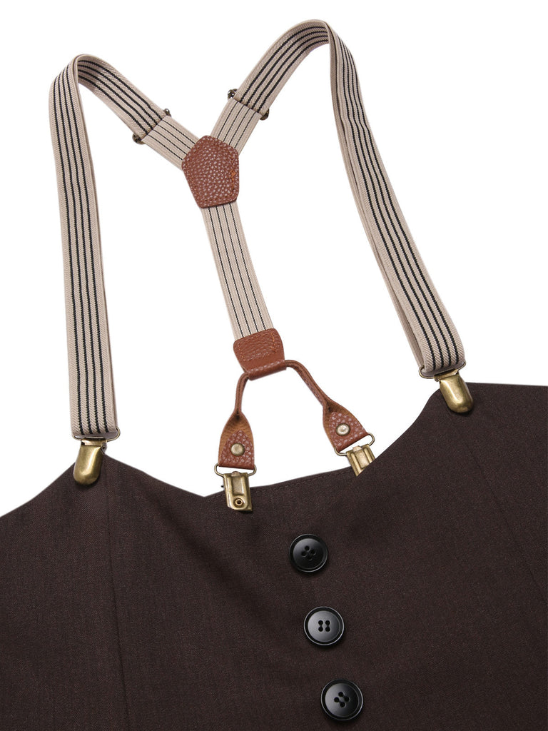 Pantalon à bretelles marron foncé à bretelles boutonné années 1950