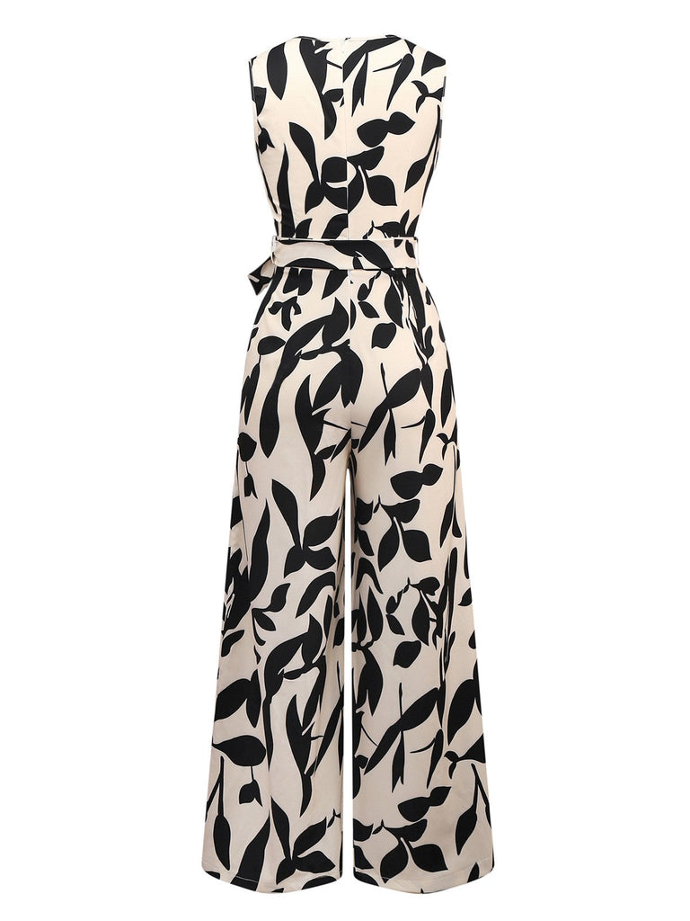 Combinaison beige col surplis motif silhouette de feuilles des années 1930