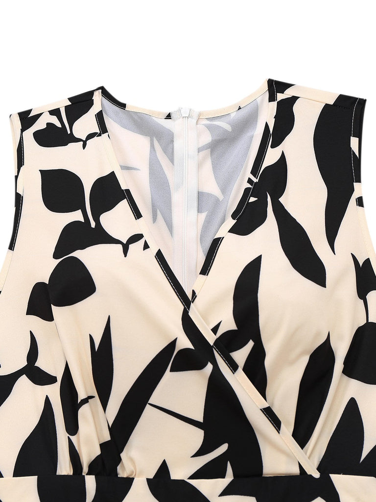 Combinaison beige col surplis motif silhouette de feuilles des années 1930