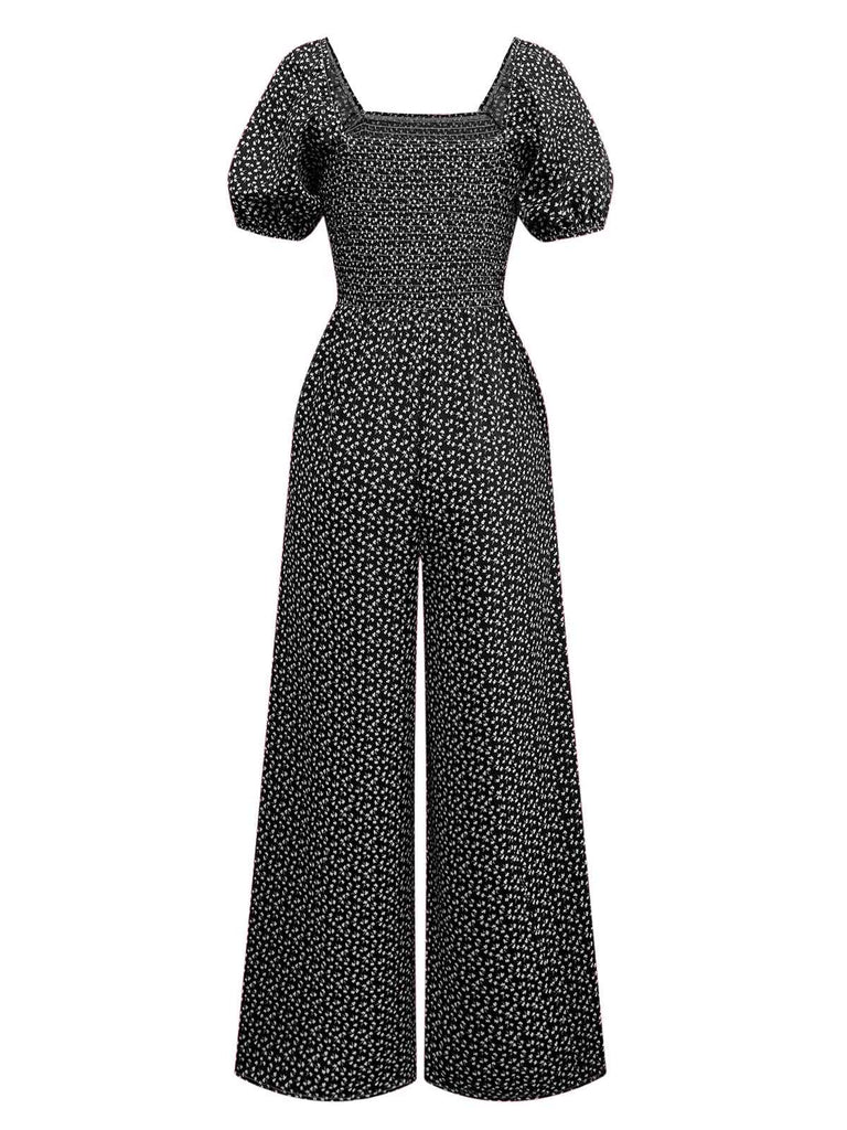 Combinaison bouffante col carré à petites fleurs des années 1950