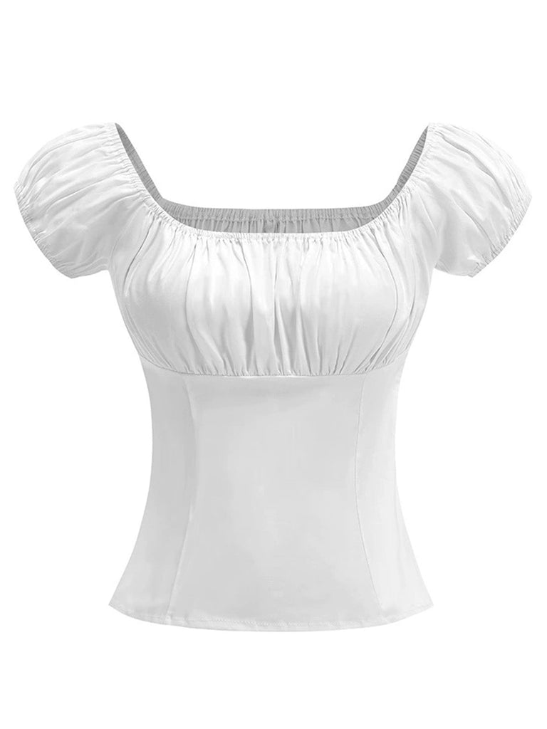 Haut uni col carré et buste froncé des années 1950