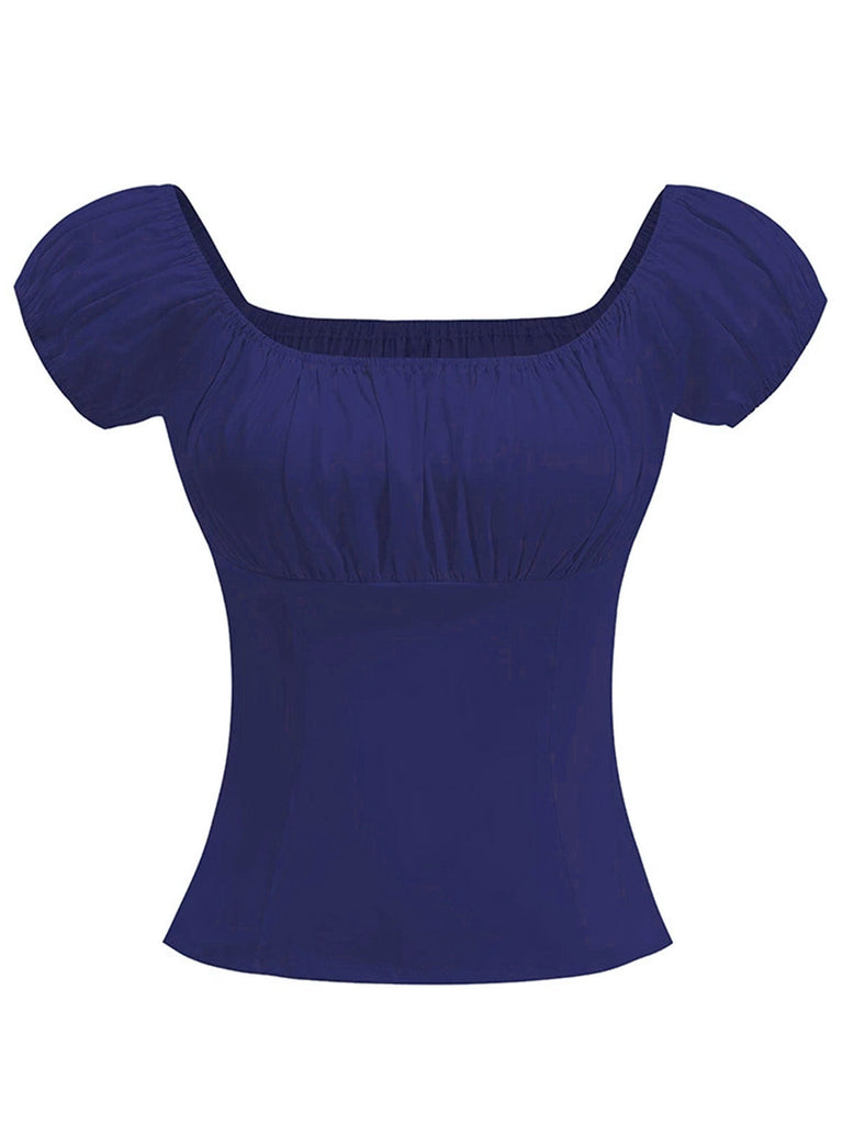 Haut uni col carré et buste froncé des années 1950