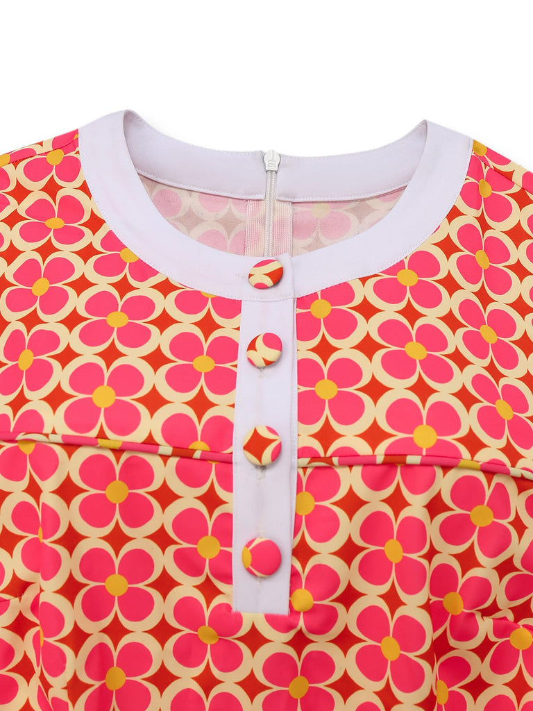 Robe orange imprimé fleurs contrastées boutonnée années 1960