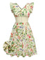 Robe jaune oiseaux et fleurs à volants années 1950
