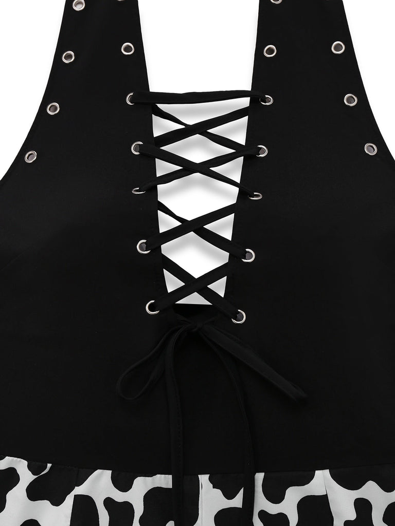 Combishort noire style punk imprimés peau de vache creuse des années 1980