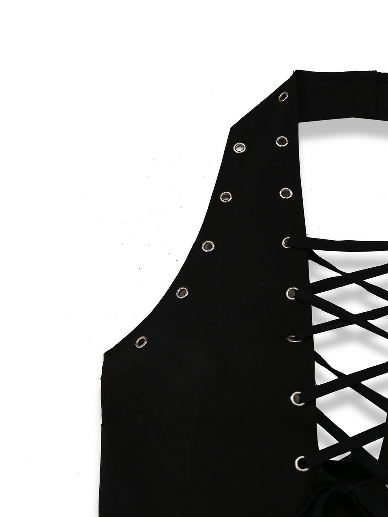 Combishort noire style punk imprimés peau de vache creuse des années 1980