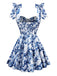 Robe patineuse bleue à fleurs et épaules nouées années 1960