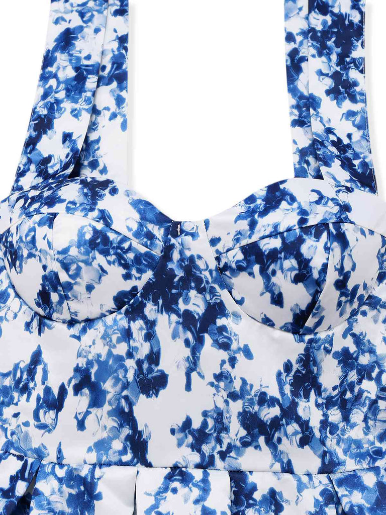 Robe patineuse bleue à fleurs et épaules nouées années 1960