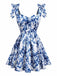 Robe patineuse bleue à fleurs et épaules nouées années 1960