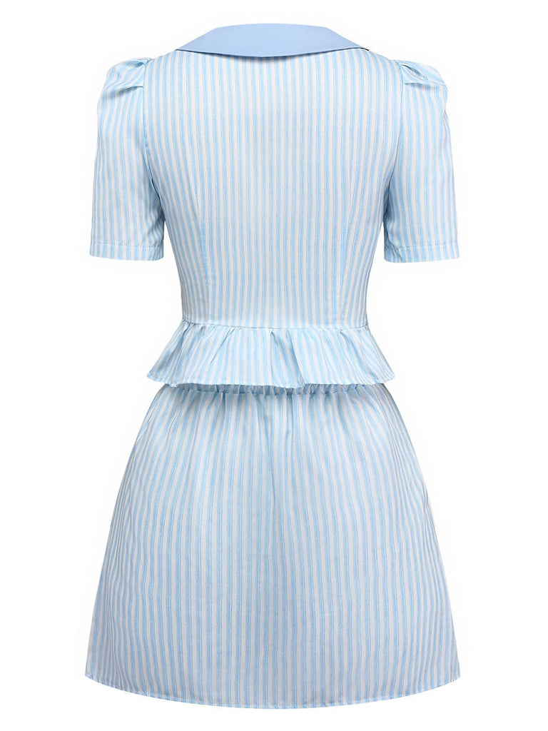 2PCS Chemisier et jupe à rayures et col Claudine années 1960