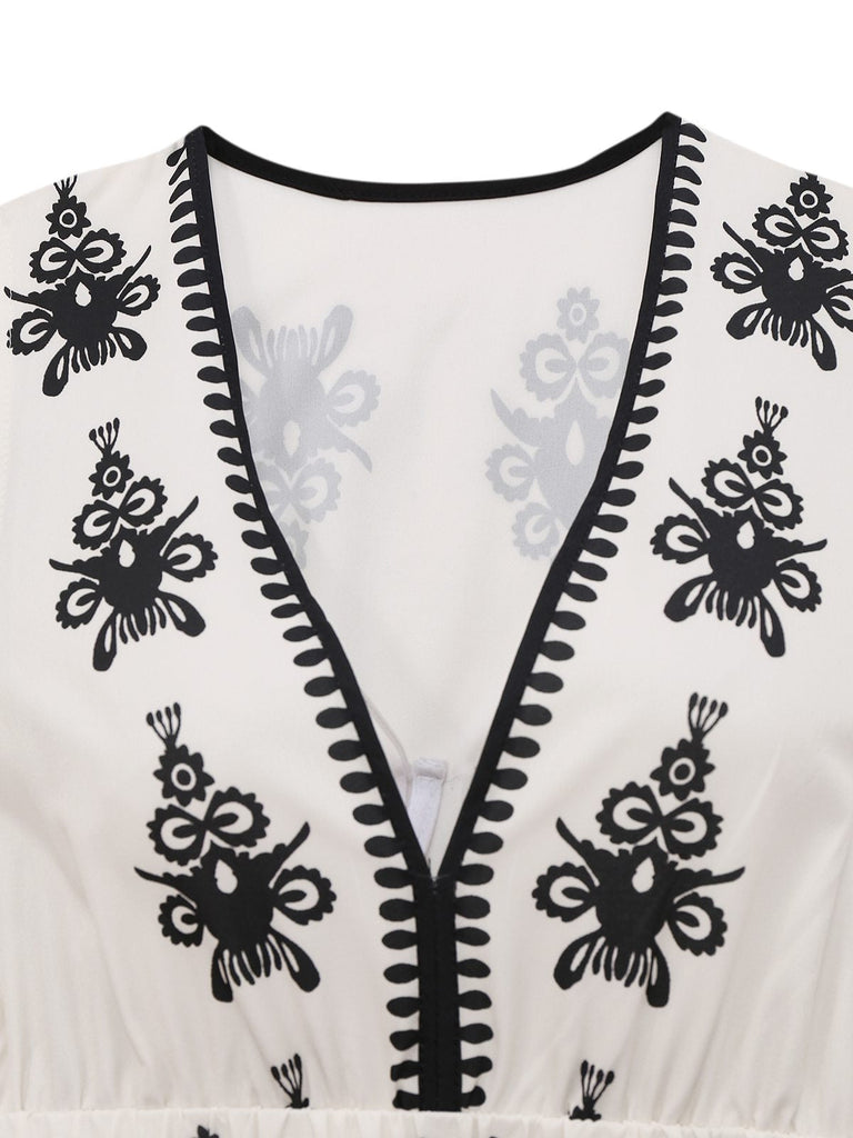 Robe blanche imprimés tribaux style bohème col en V profond années 1970