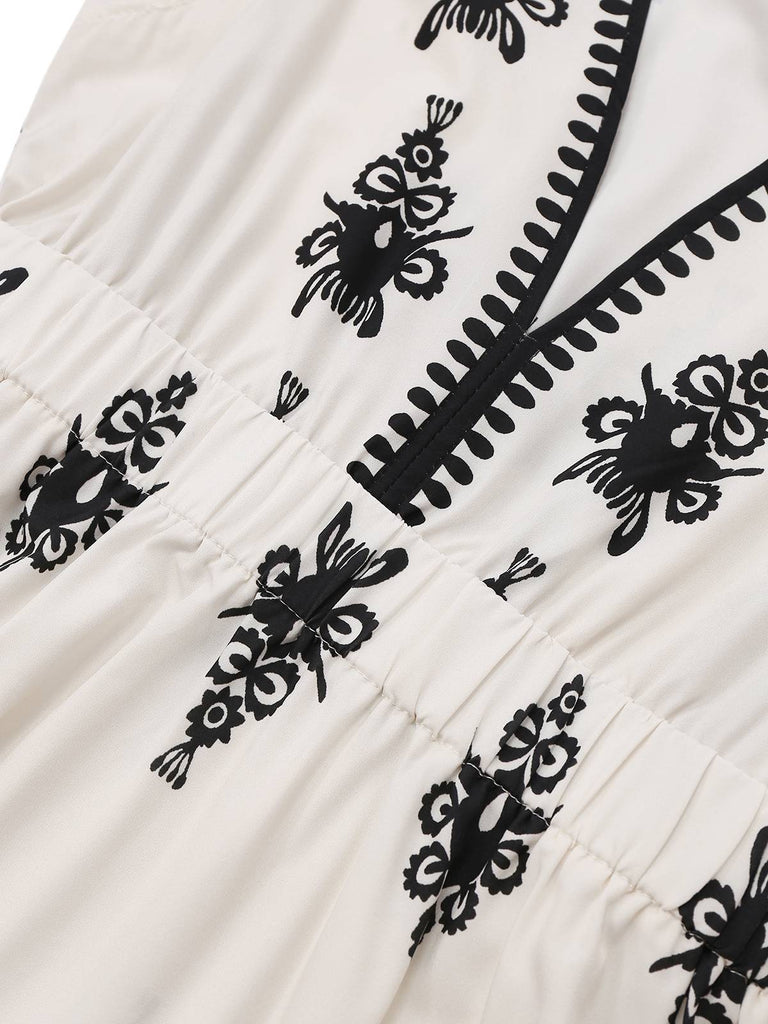 Robe blanche imprimés tribaux style bohème col en V profond années 1970