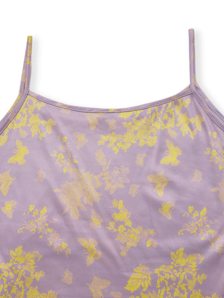 Robe sirène violette à fleurs et papillons années 1930
