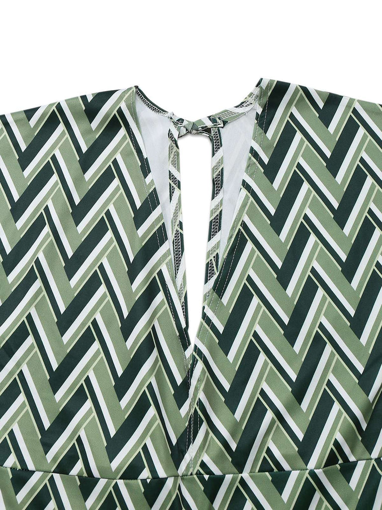 Combinaison pattes d'éléphant verte chevrons bohème col en V profond des années 1970