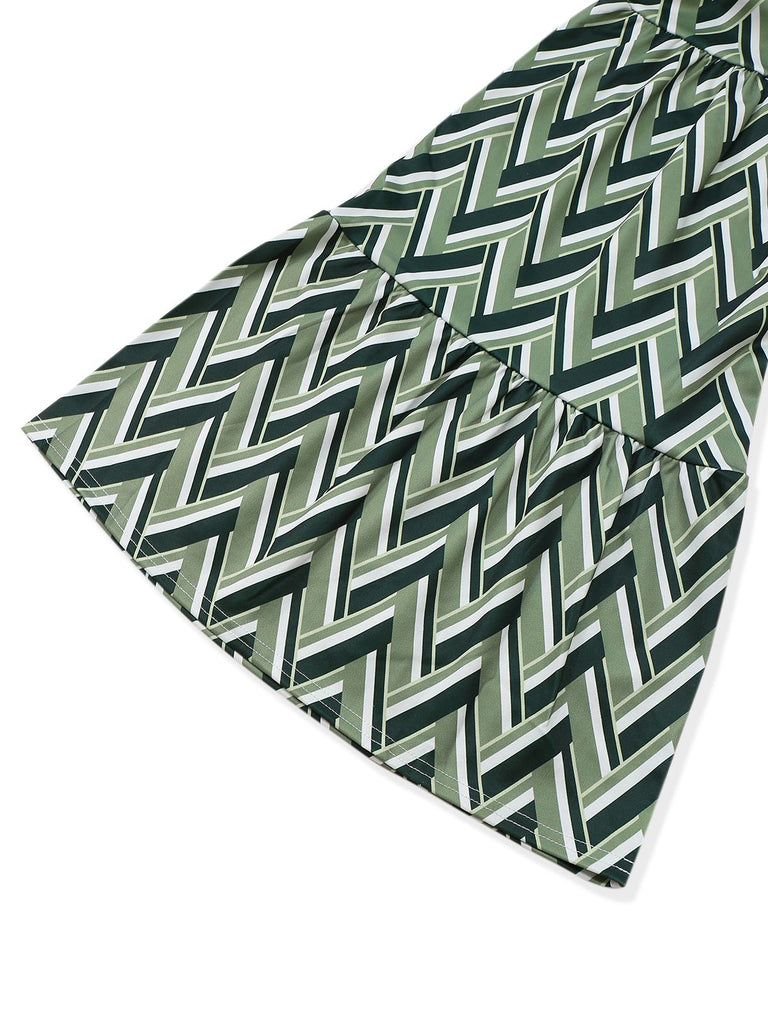 Combinaison pattes d'éléphant verte chevrons bohème col en V profond des années 1970