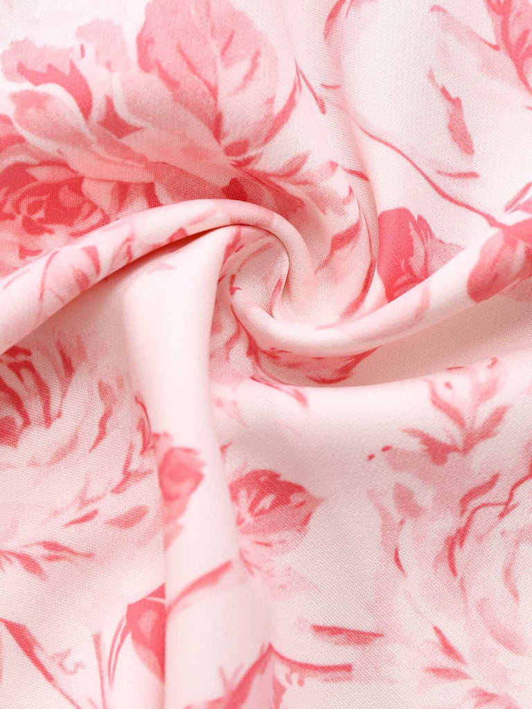 Robe trapèze rose à col en cœur et roses années 1950